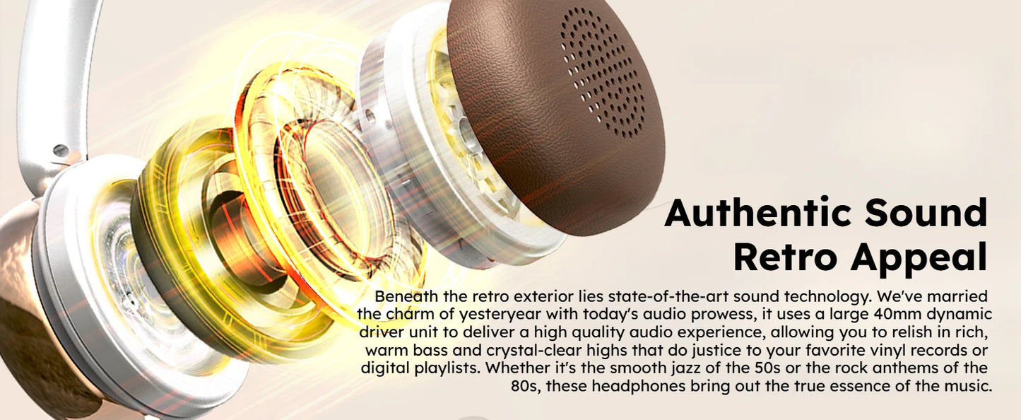 SANSUI Retro Wireless Headphones | 50Hr Battery, -45dB Noise Cancelling, ANC