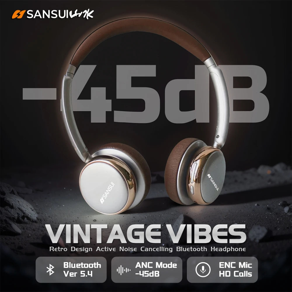 SANSUI Retro Wireless Headphones | 50Hr Battery, -45dB Noise Cancelling, ANC