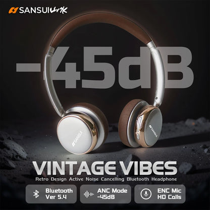 SANSUI Retro Wireless Headphones | 50Hr Battery, -45dB Noise Cancelling, ANC